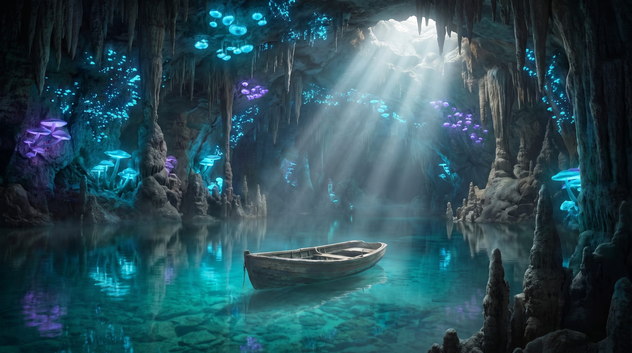 Bioluminescent Cavern Lake  Wallpaper